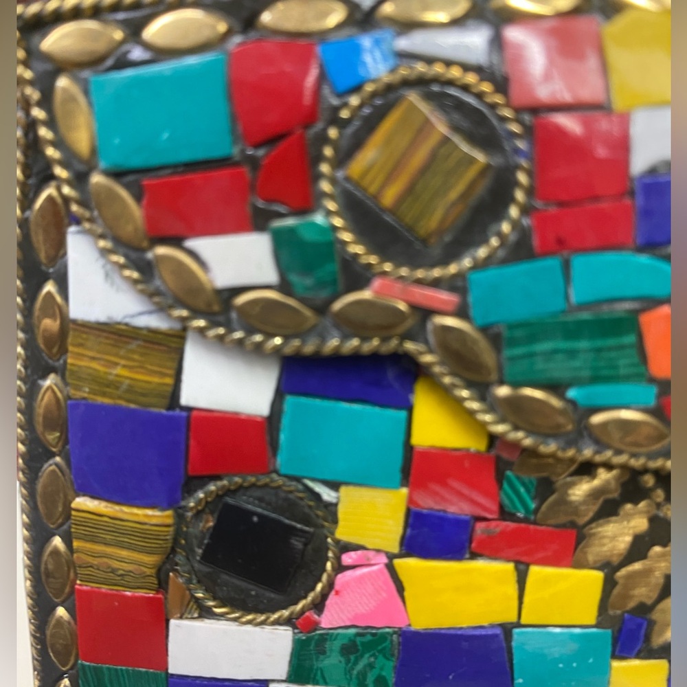 Clutch Crossbody Handcrafted Mosaic Stone Tiles Bag Chain Ornate Metal ANTIQUE - Picture 4 of 15